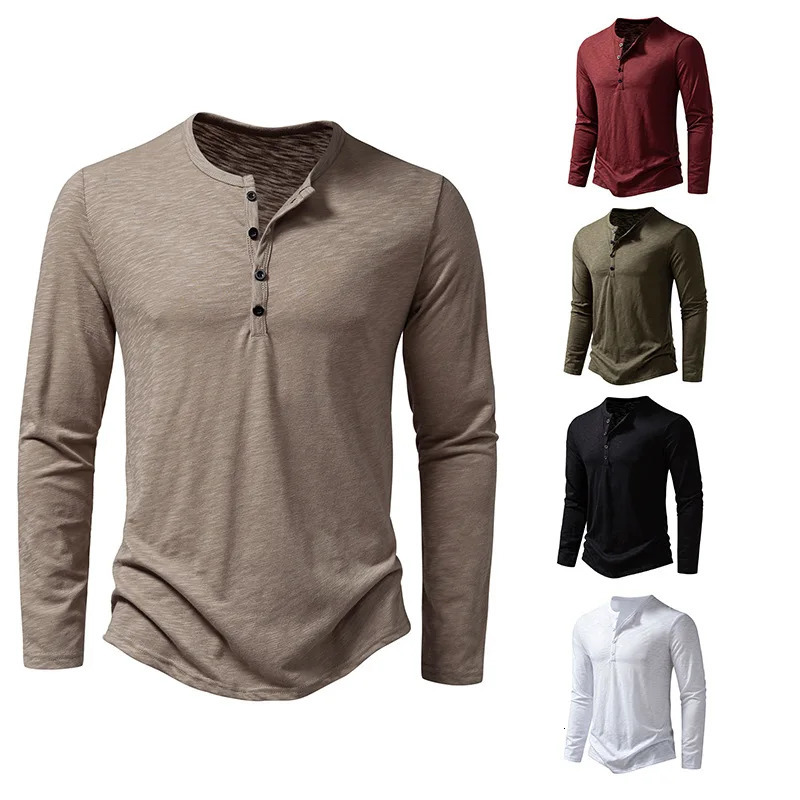 Fashion Mens Long Sleeve T-Shirt Bamboo Cotton Henley Polo Shirt Fashion Mens Long Sleeve T-Shirt tops 251222