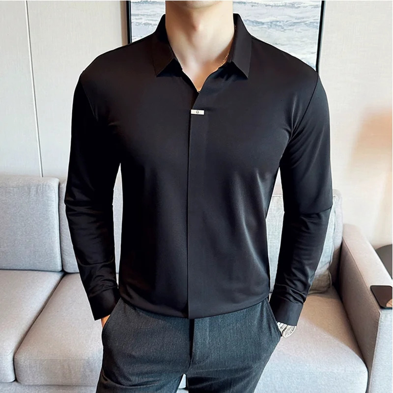 High Elastic V-neck Non-marking POLO Shirt Autumn Long sleeved Casual Business Solid Color T-shirt Mens Clothing 251222