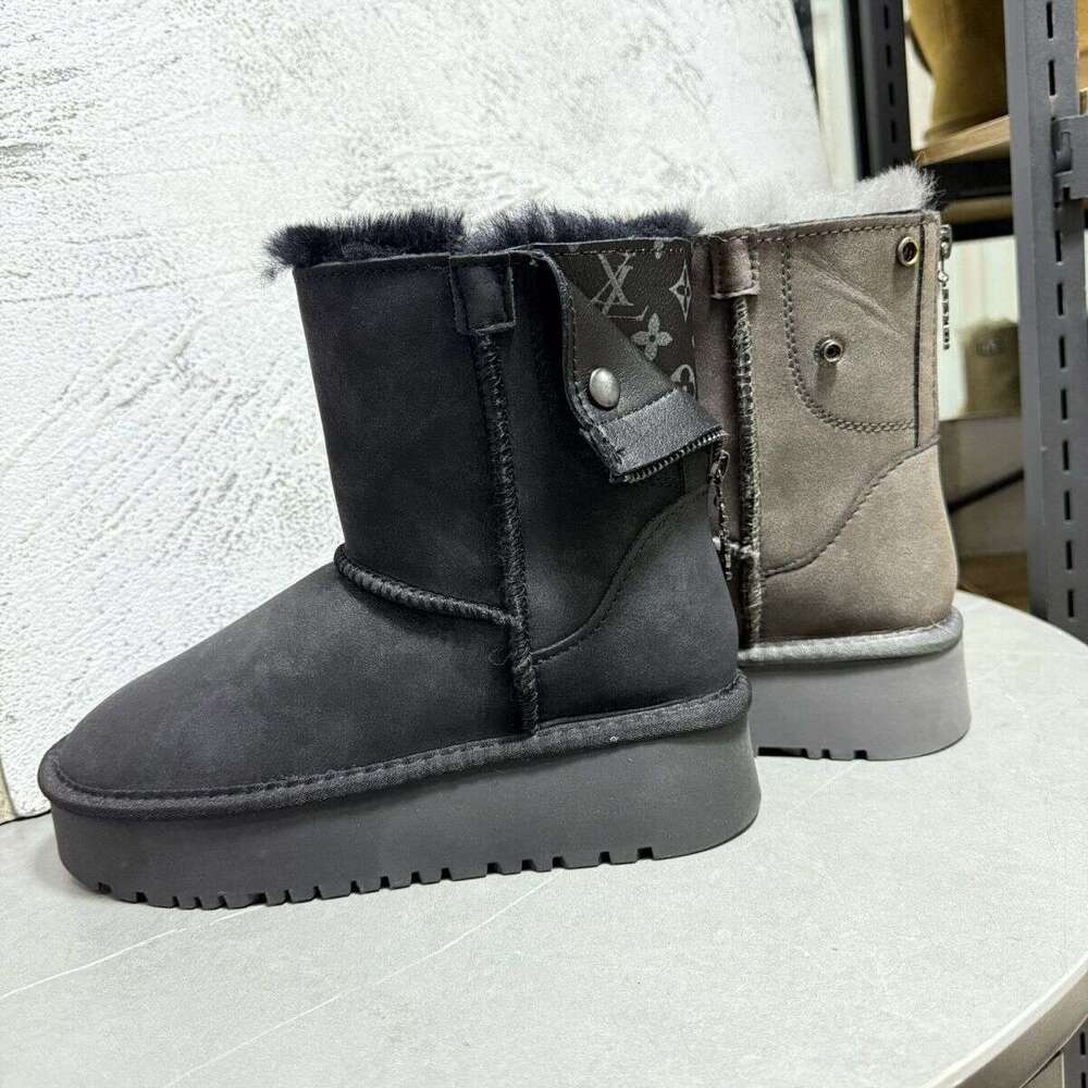 2025 Winter New Short Tube Northeast Snow Fur Integrated Anti-Slip Fleece-Lined Thickened Boots Women's Cotton Shoes Warm Zipper Mid-Calf