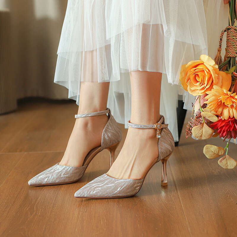 Nude 31-44 Size Glitter High Heels Sandals Hollow Shoes Pointed Toe Shallow Mouth Stiletto