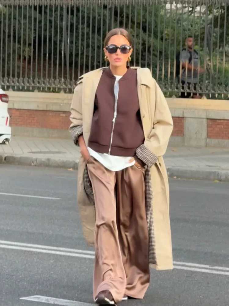 Women Solid Lapel Trench Coat Plaid Lining Single Breasted Full Sleeve Loose Coats Lady 2025 Autum Commute High Street OutwearT251226