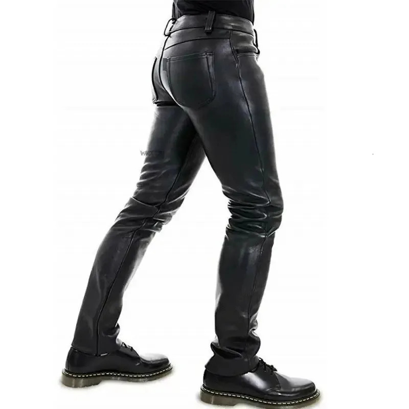 Mens Leather Pants Solid Color PU Motorcycle Elastic Leisure Punk Style Slim Fit Full Length Trousers 251226