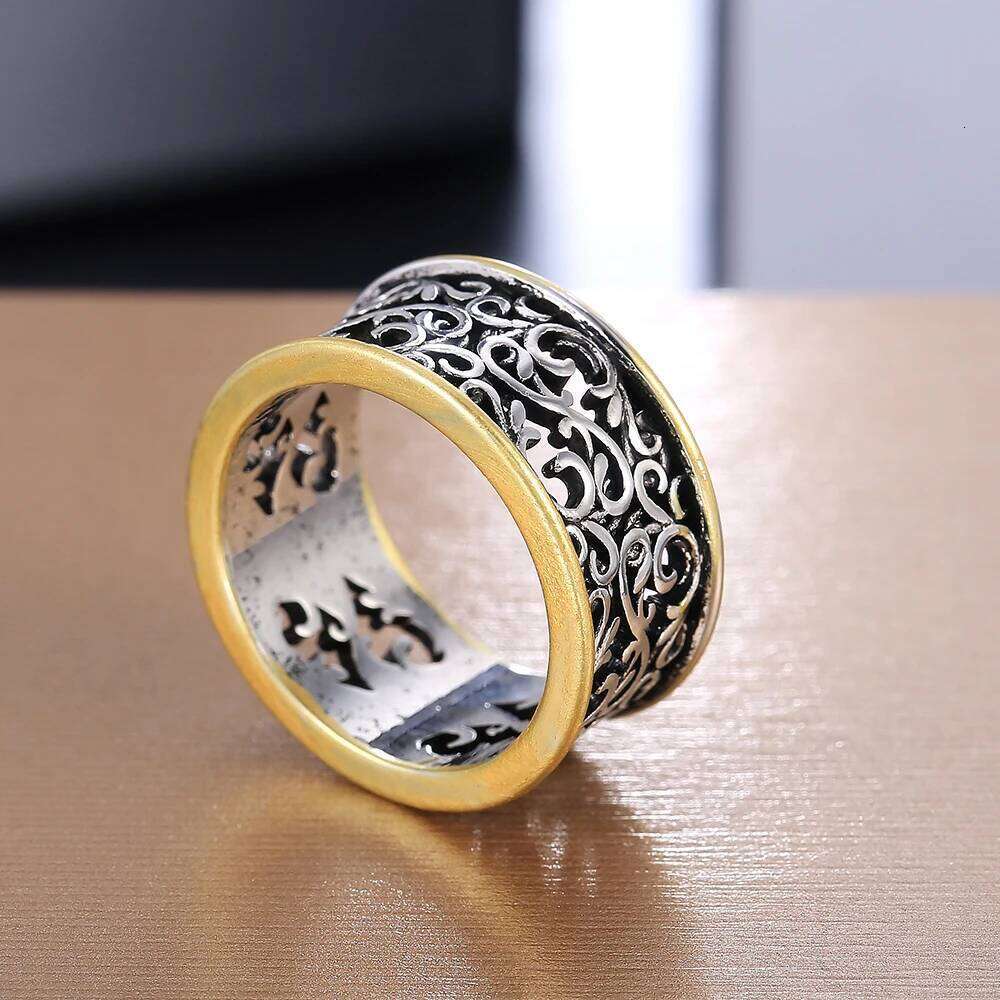 Huitan Vintage Pattern Rings Women Two Tone Punk Style Female Daily Wear Accessories Hip-hop Ring Retro Party Versatile Jewelry