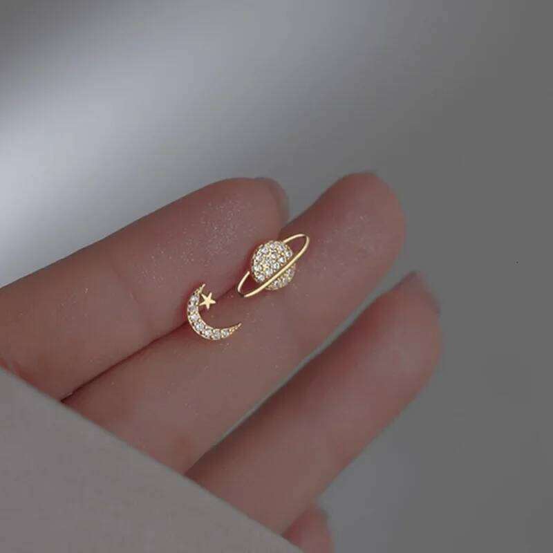 Simple Zircon Star Moon Stud Earrings for Women Gold/Silver Color Asymmetry Ear Pendants Fashion Jewelry 25H1226