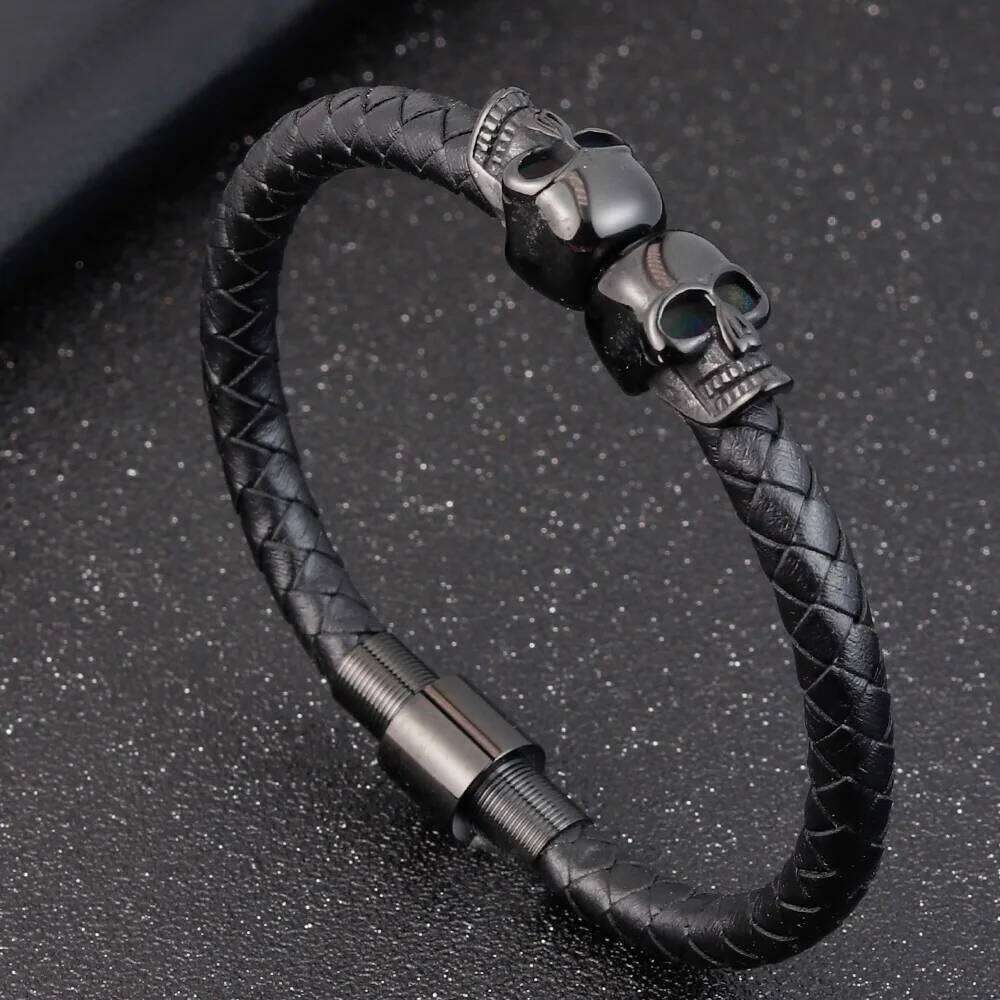 Hyperbole Jewelry Black Braided Leather Stainless Steel Leahter Cool Skull Bracelets Men Bracelet 25T1226