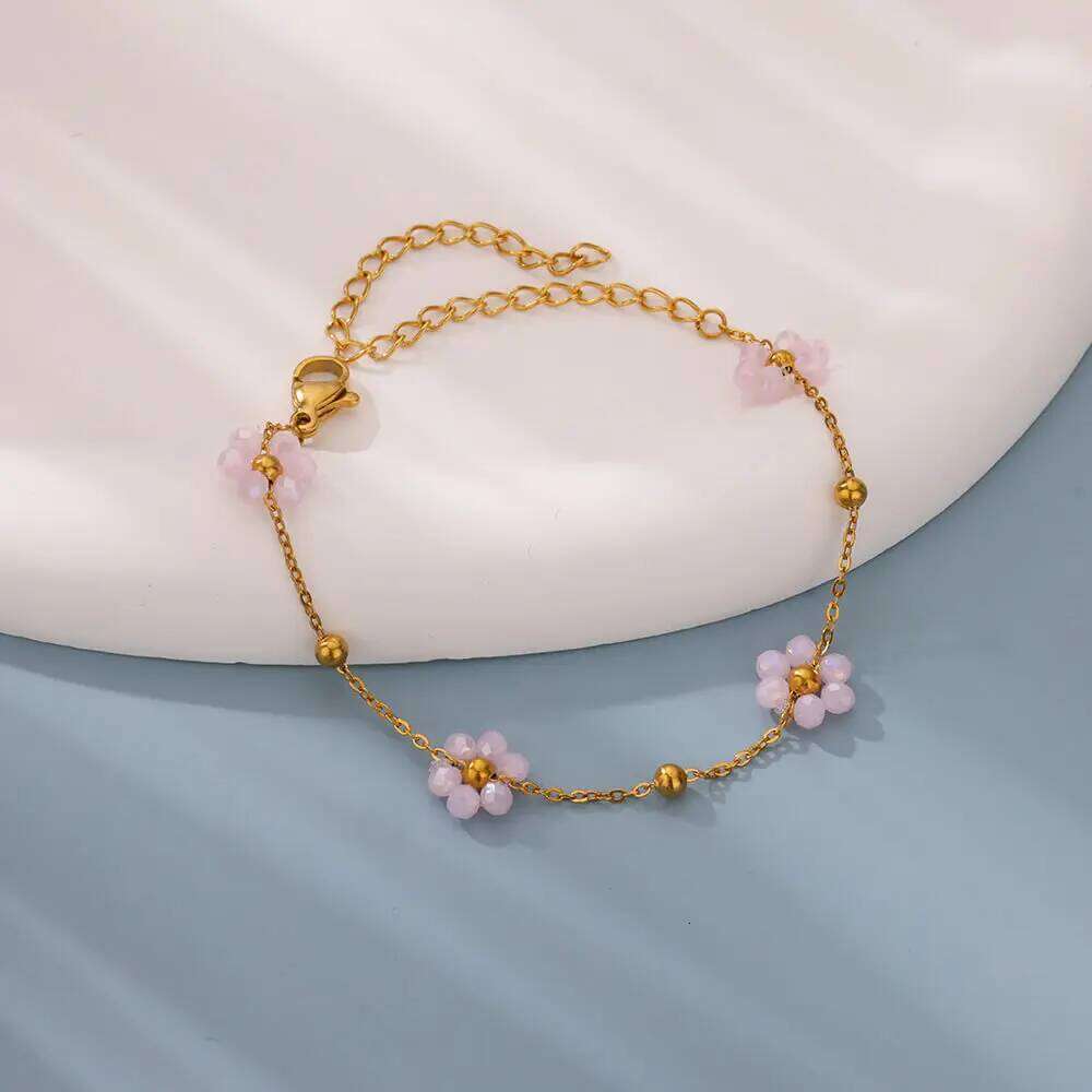 Beads Flower for Women Stainless Steel Gold Color Pendant Bracelet Femme Vintage Boho Wrist Jewelry Accesorios pulseras 25T1226