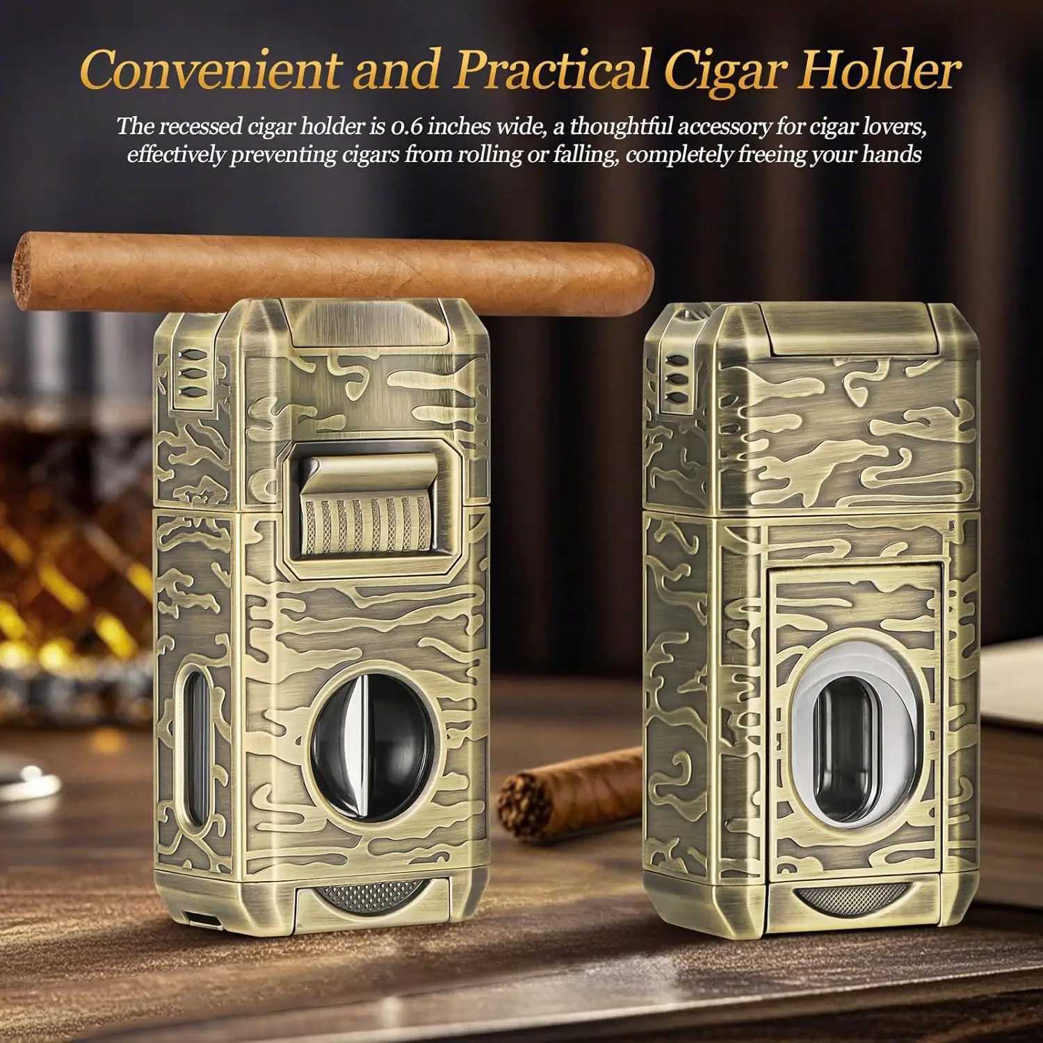 Cigar Lighter 7-in-1 Cigar Lighter Dual-Flame Windproof Built-in Dual Punch V-Cut Flat Cut Cigar Holder No Butane Y251218