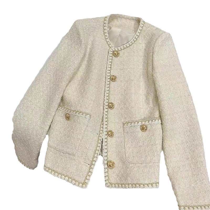 European and American Fashion Chain Edge Decoration Bow Tie Nail Bead Small Fragrant Wind Coarse Tweed Jacket Coat 240806