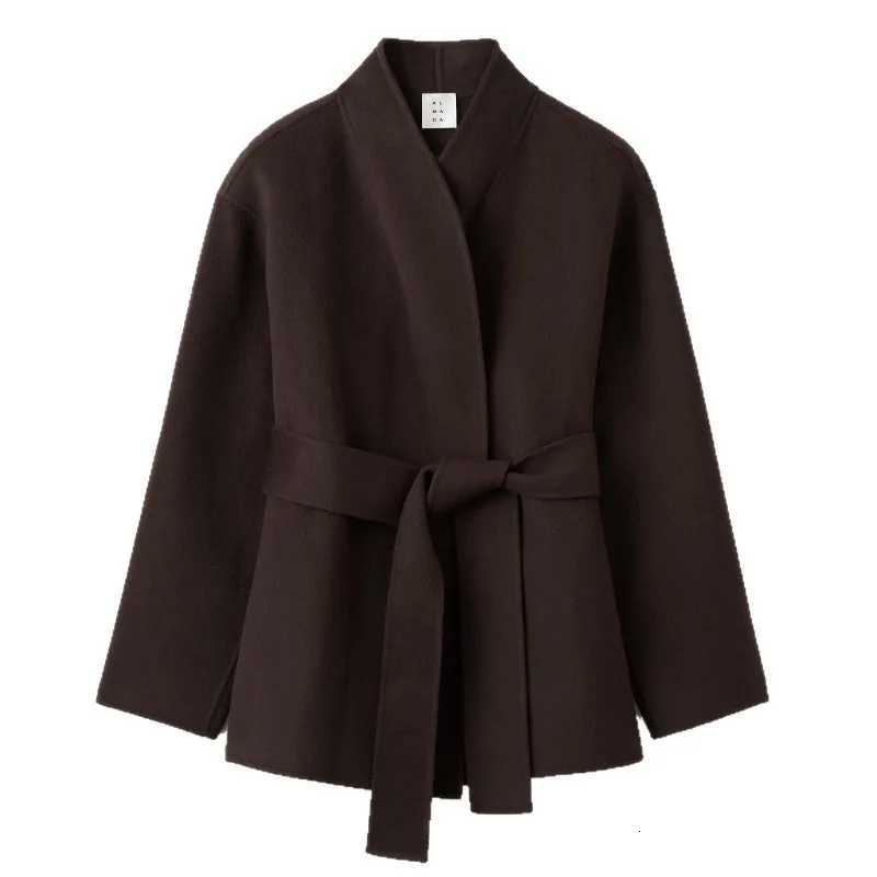 2025 Spring and Autumn Temperament Dark Brown Short Loose Lace-up Coat Jacket Commuter StyleT251226