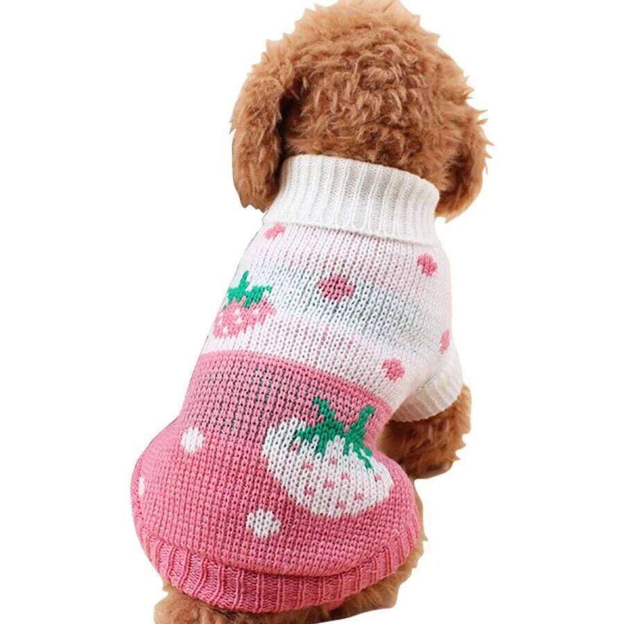 Pet Dog Sweaters Classic Knitwear Turtleneck Winter Warm Puppy Clothing Cute Strawberry and Heart Doggie Sweater Pink Medium 25T1226