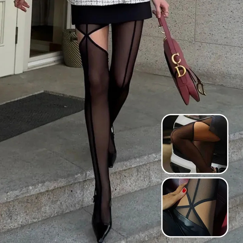 Personality High Pantyhose Asymmetry Leggings Perspective Hollow Out tie Sexy Tights Sheer Vertical Line Pattern Stocking 251223