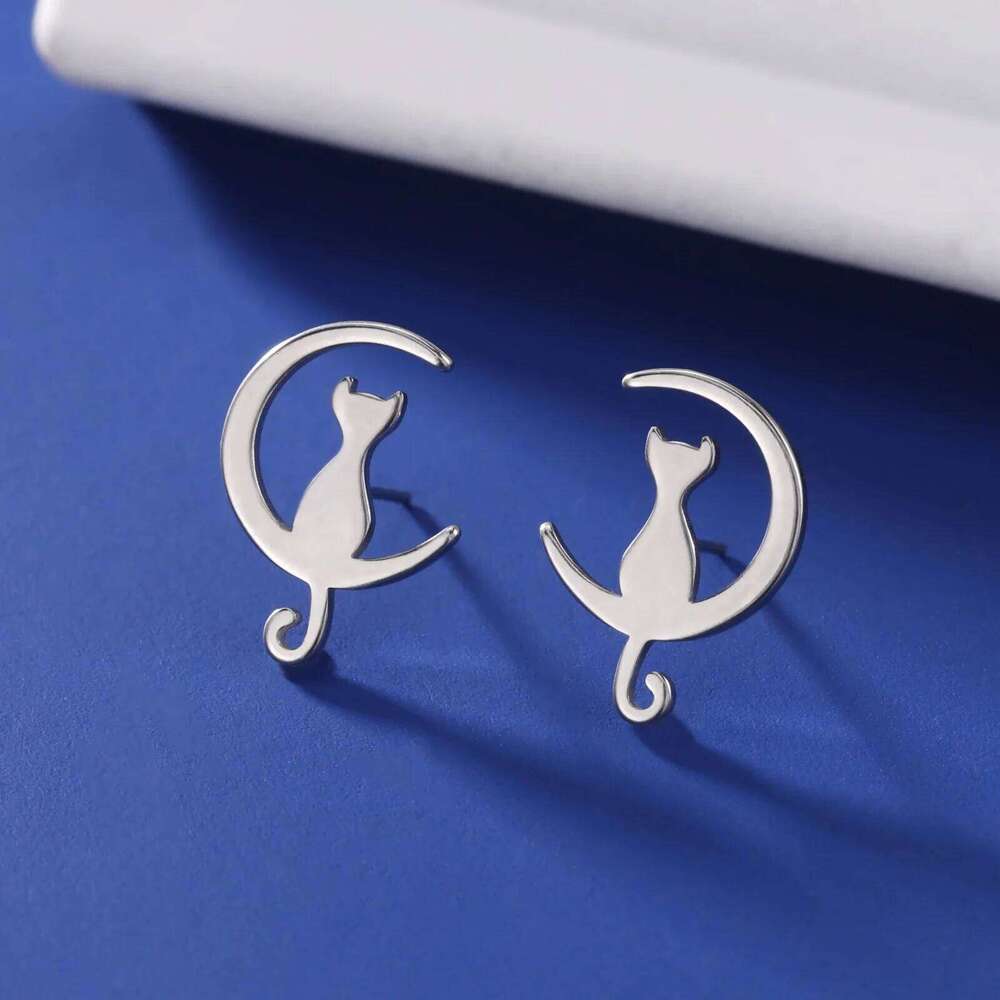Skyrim Stainless Steel Moon Cat Stud Earring Simple Korean Style Ear Jewelry for Women Girls 2025 Trendy Wedding Gift 25H1226