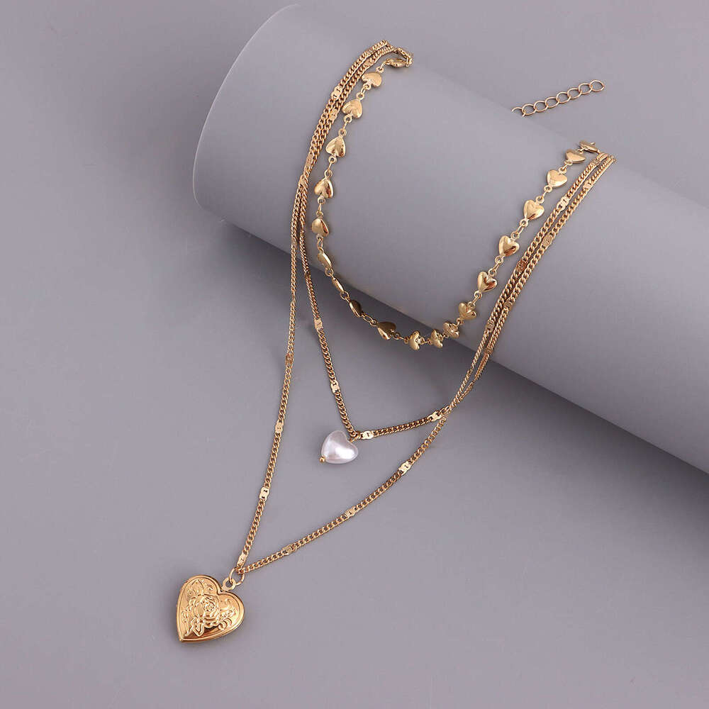 Jewelry Elegant Multi-Layer Chain Pearl Openable Heart Pendant Necklace for Women Ins Style