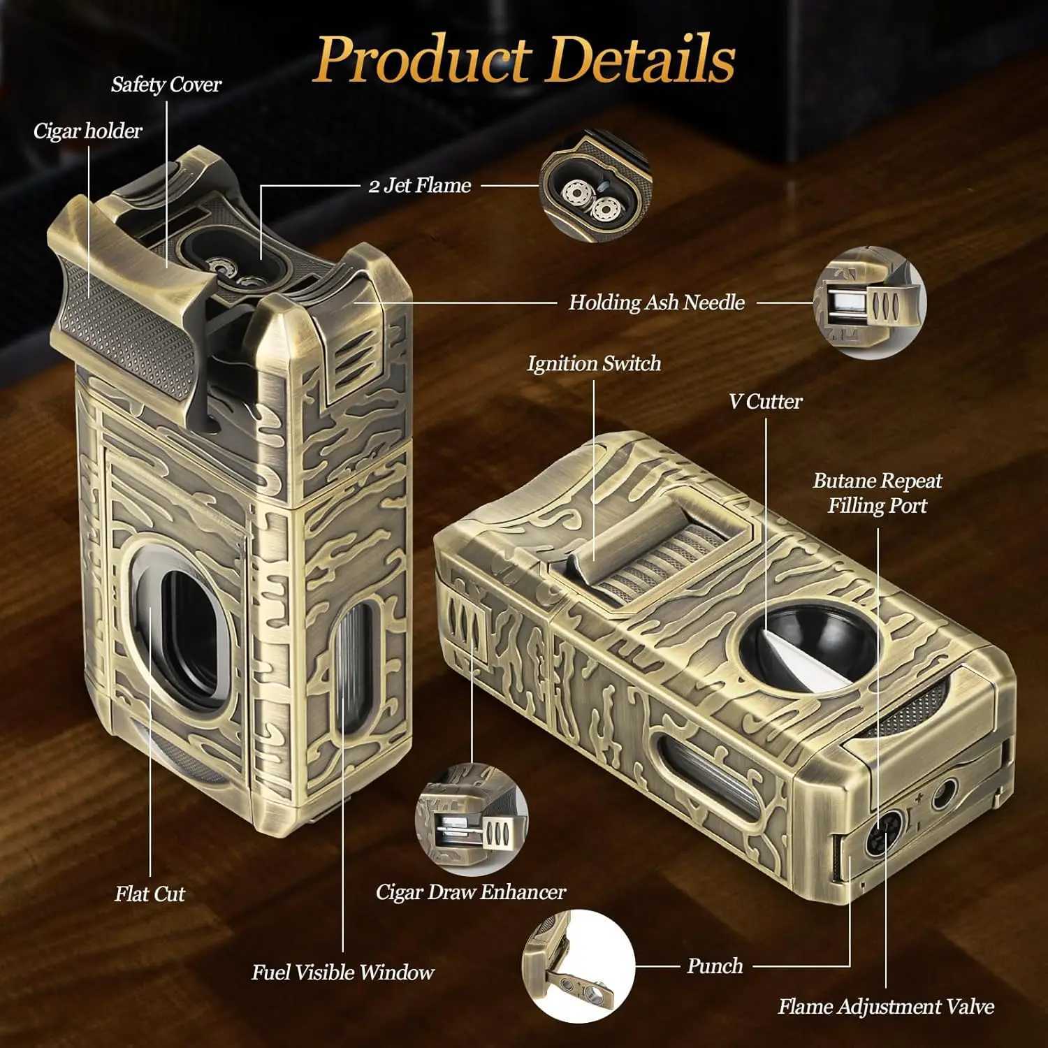 Cigar Lighter 7-in-1 Cigar Lighter Dual-Flame Windproof Built-in Dual Punch V-Cut Flat Cut Cigar Holder No Butane Y251218