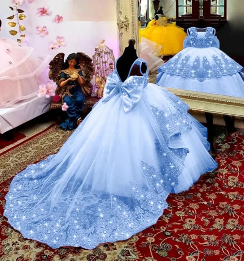 Customized Flower Girl Dress for Wedding Suspenders with Bow Satin Ball Gown Kids Birthday First Communion Party Dress 251215