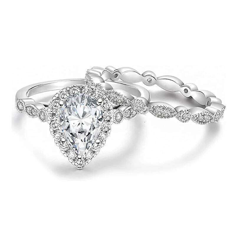 Huitan Waterdrop Cubic Zirconia Luxury 2Pcs Set Jewelry for Women Engagement Wedding Eternity Love Rings Trend Accessories