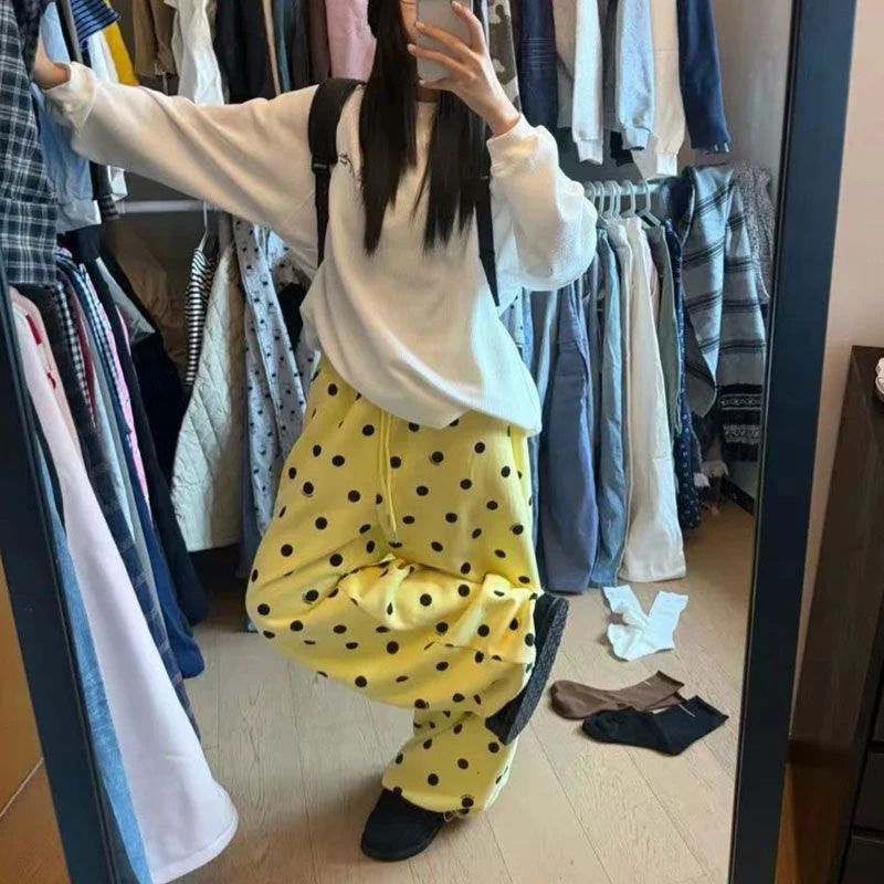 MEXZT Polka Dots Fleece Sweatpants Women Streetwear Baggy Joggers Y2K Harajuku Print Wide Leg Pants Winter Casual Trousers 251222