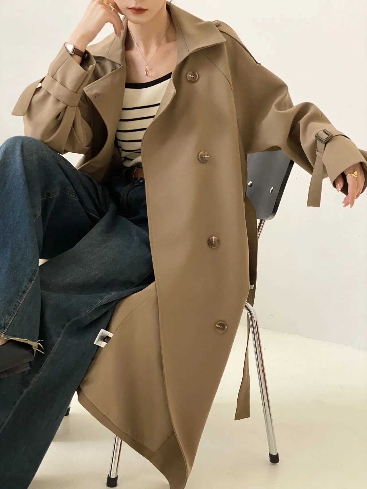 Women Solid Trench Long Sleeve Jacket Double Breasted Coats Cardigan Outerwear Spliced Loose Fit 2025 Pockets Basics AutumnT251226