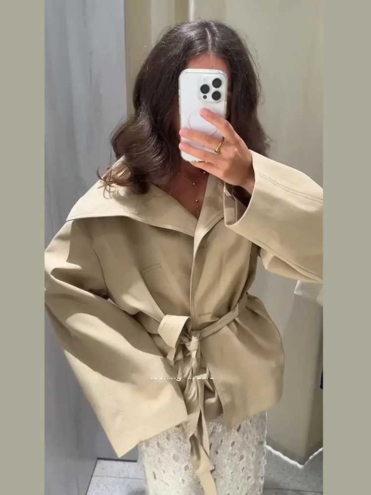 Elegant Office Womens Cropped Trench Coat Jackets Oversized Wide Lapel Self Tie Waist Jacket Vintage Lace-up Autumn OuterwearT251226
