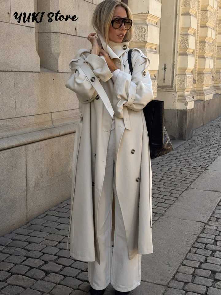 Elegant Lace Up Stand Collar Long Trench Coat Women Double Breasted Slim Waist Solid Windbreaker 2025 Autumn Lady Street OutwearT251226