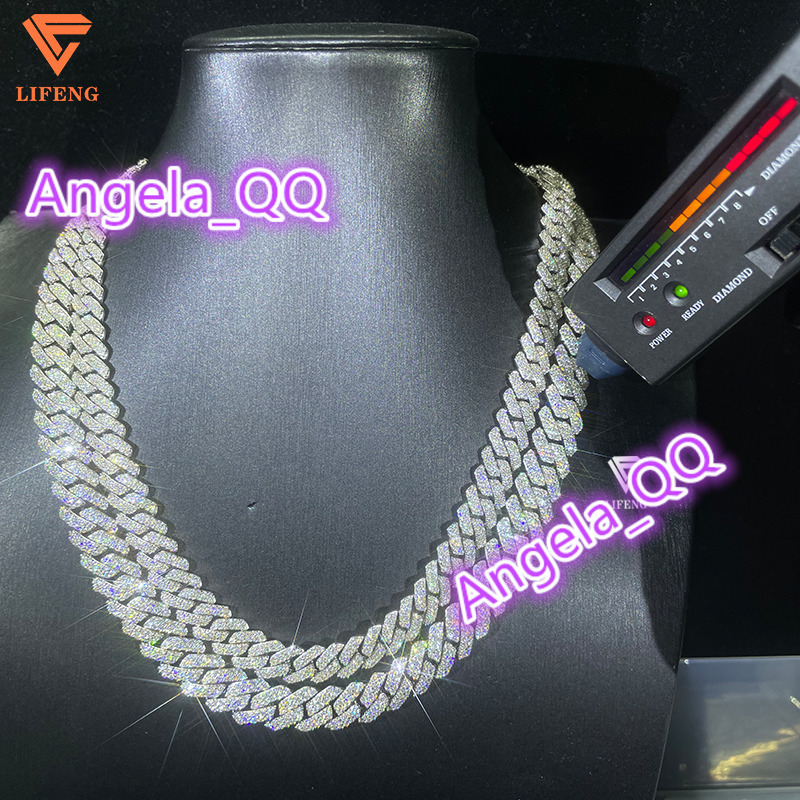 VVS Fine Jewelry Mens 10-12mm Cuban Link Chain Necklace White Gold Plated 925 Sterling Silver with Moissanite Hip Hop Style