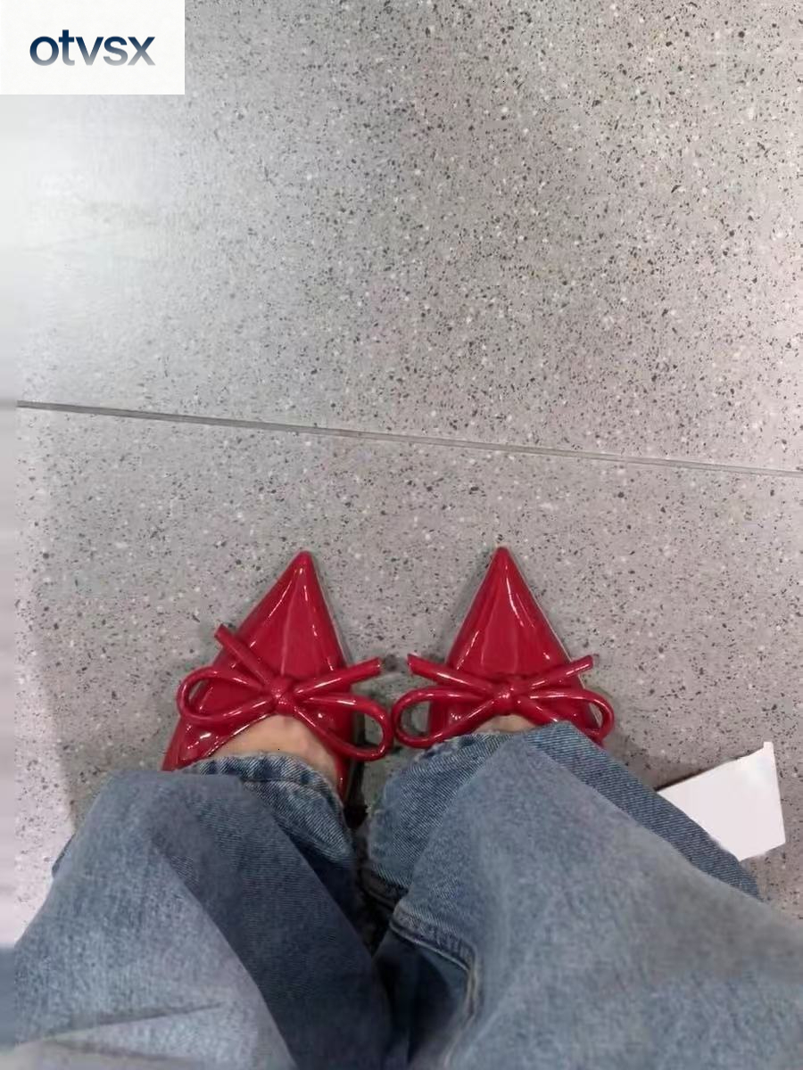 Otvsx Autumn New High Heels Fashion Sexy Style Elegant Bow Design Red Lacquer Pointed Design Luxury Women's High Heels