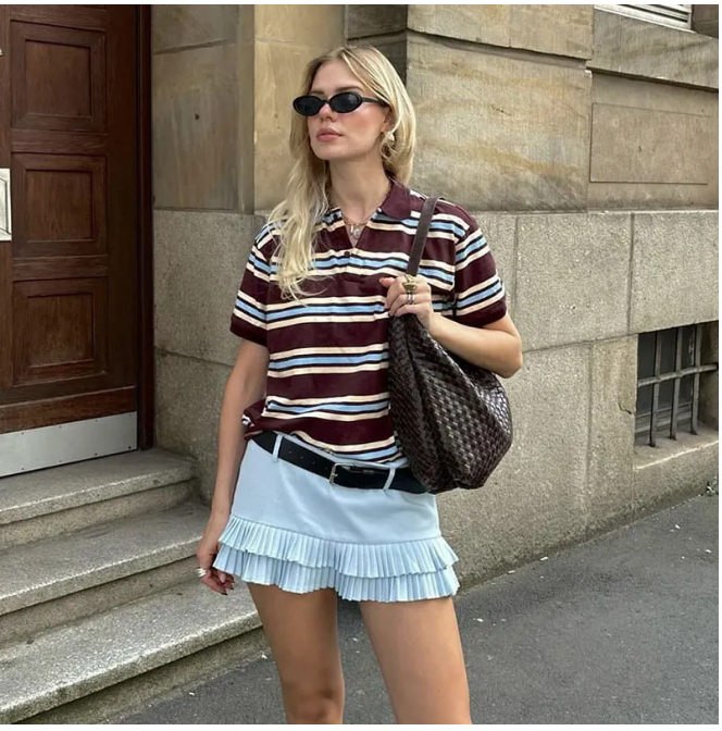 Fashion Stripe Womens T-shirt Casual Long Sleeve Female All Match Polo Shirt 2025 Spring Ladies Loose Tops High Street