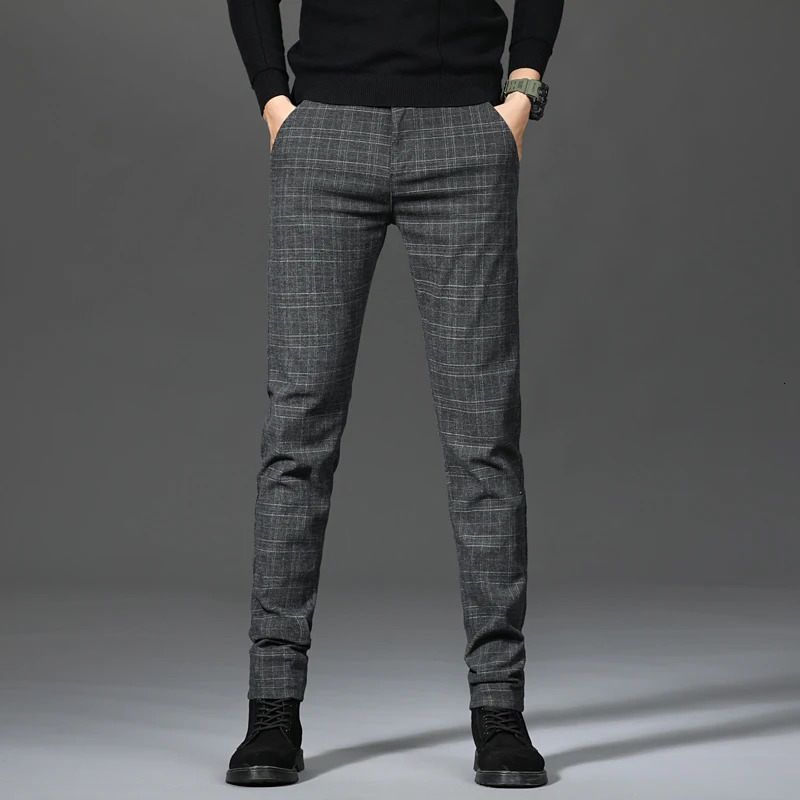 Black Pants Men Plaid Trousers Spring Autumn Fashion Slim Gray Stripe Slacks 2838 Pantalones Hombre 251226
