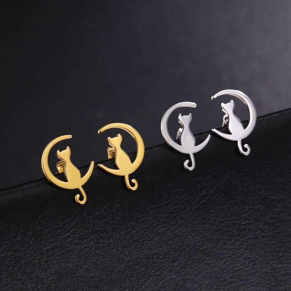 Skyrim Stainless Steel Moon Cat Stud Earring Simple Korean Style Ear Jewelry for Women Girls 2025 Trendy Wedding Gift 25H1226