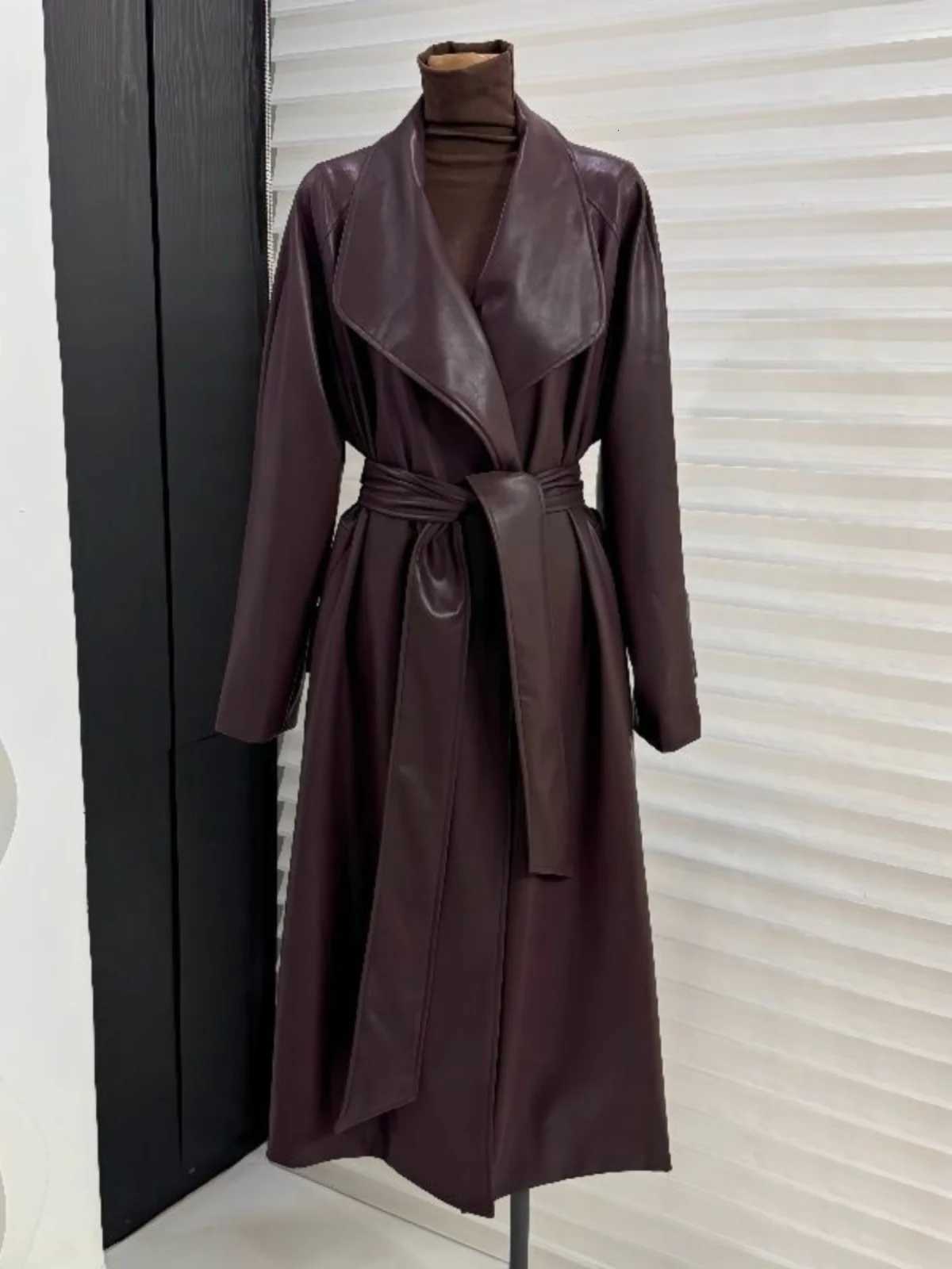 Autumn New French Style High end Suit Collar Over Knee Leather Trench Coat Women Clothing Waist Lace up Long Coat Winter ClothesT251226