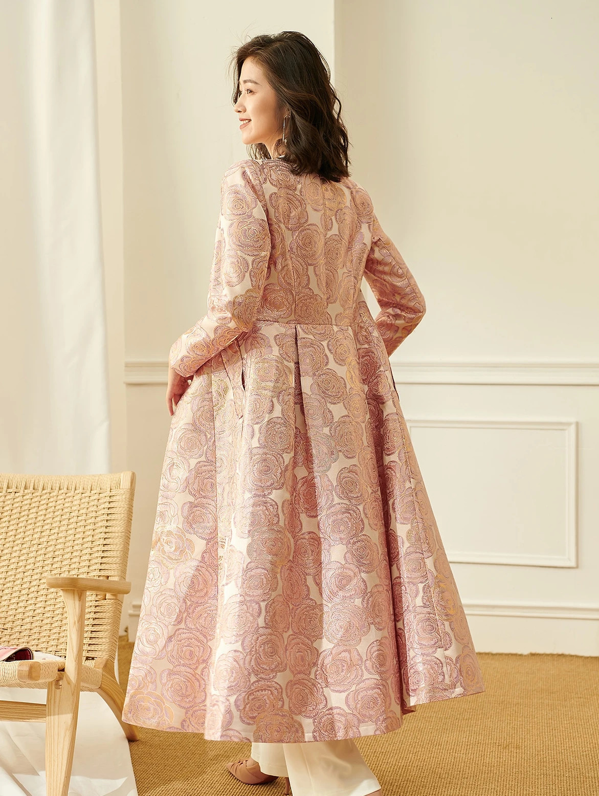 Women Long Trench Jacquard Coat Button Front Overcoat Fall Winter Floral Elegant Jackets Outerwear Party Outfit Clothes 251222