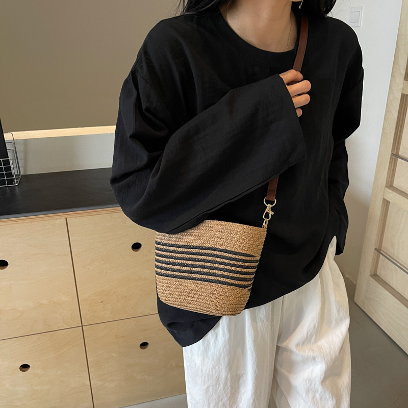 New Retro Stripe Woven Straw Tote Bag, Versatile Beach & Commute Crossbody Bag, Casual Boho Shoulder Purse