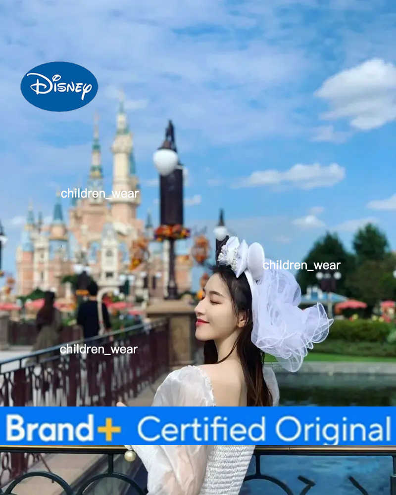 Disney White Wedding Mickey Mouse Headband Frozen Elsa Princess Ears Blue Veil Headband Womens Sequin Bow Crown Park Tiara H251226