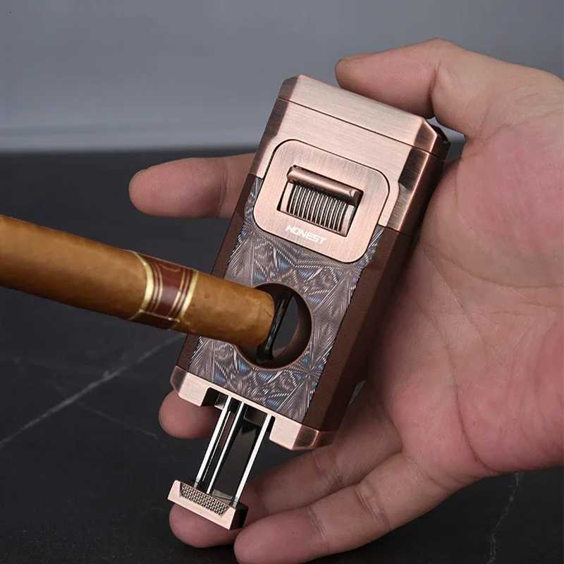 HONEST Stylish Luxury Cigar Lighter V Shape Knife Cigar Holder Dual Nozzle Flame Butane Refillable Torch Gas Lighter Smoker Gift Y251218