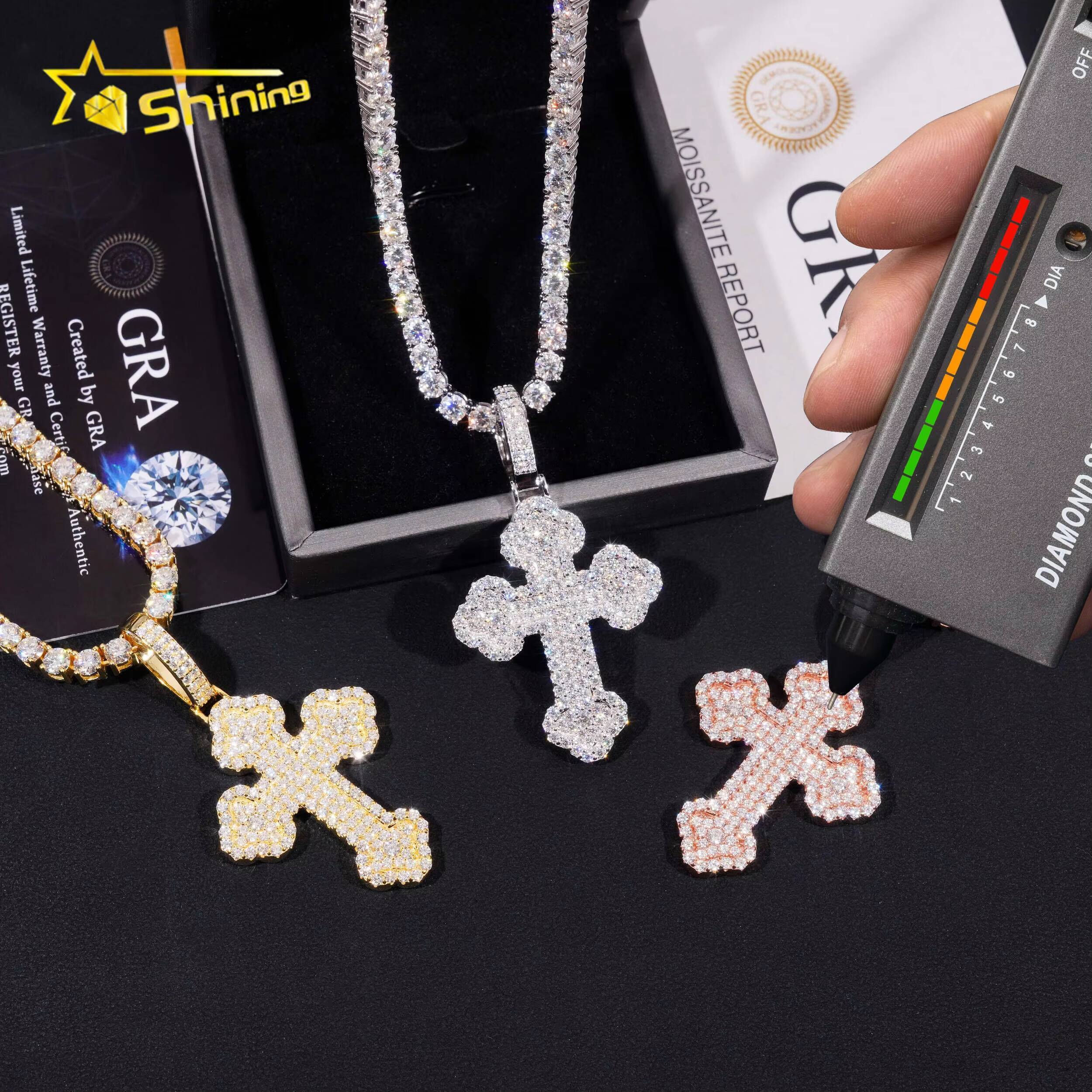 Ready to Ship Iced Out Cross Pendant Solid Silver with Moissanite Diamond Hip Hop Pendant Necklace Jewelry Wholesale