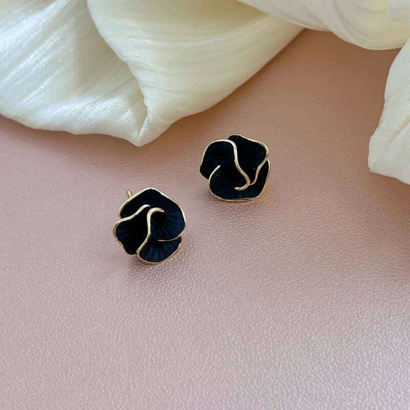 LATS Black Flower Stud for Women Folded Unique Design Enamel Multi-layers Floral Small Earrings Fashion Jewelry 25H1226