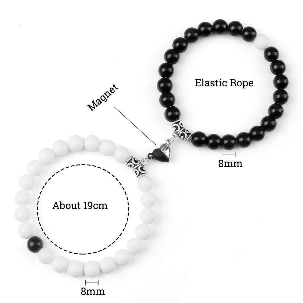 2Pcs/Set Sliver Color Magnet Pendant Bracelets 6MM 8MM White Porcelain Black Line Beads Couple Bracelet Jewelry Gift New 25T1226