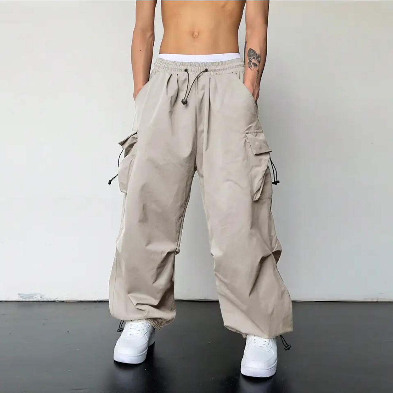 Tie Mens Cargo Pants Solid Bunched Feet Sports Trousers Hat Woven Pocket Foot Rope Pants Street Cargo Casual Trousers For Male