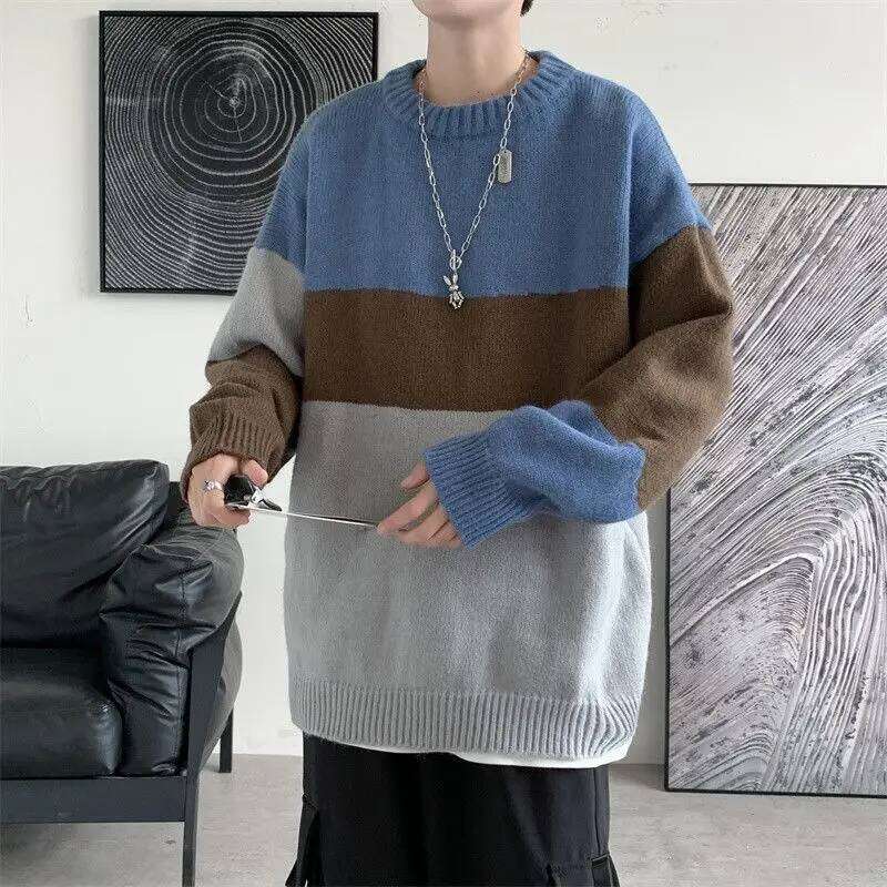 Contrasting Color Sweater Lazy Round Neck Jacket Men's Versatile Cardigan