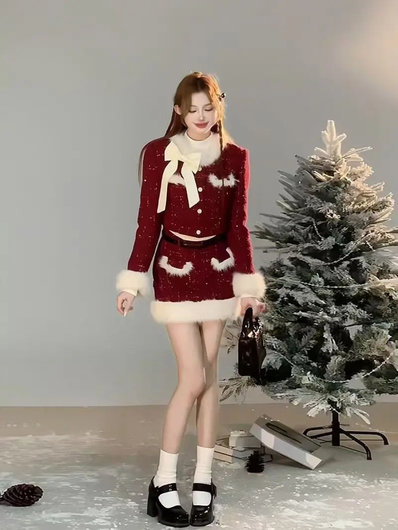 Winter Womens Two Pieces Set Red Tweed Suit with Blazer and Skirt Buttons Chic French Fashion for Casual Formal Events 251211