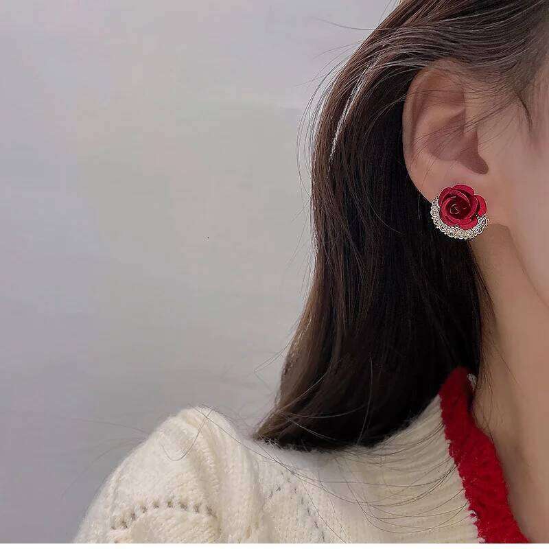 Red Zircon Crystal Bow Stud Earrings For Women Heart Shape Bowknot Christmas Earring Girl New Year Festival Jewelry 25H1226