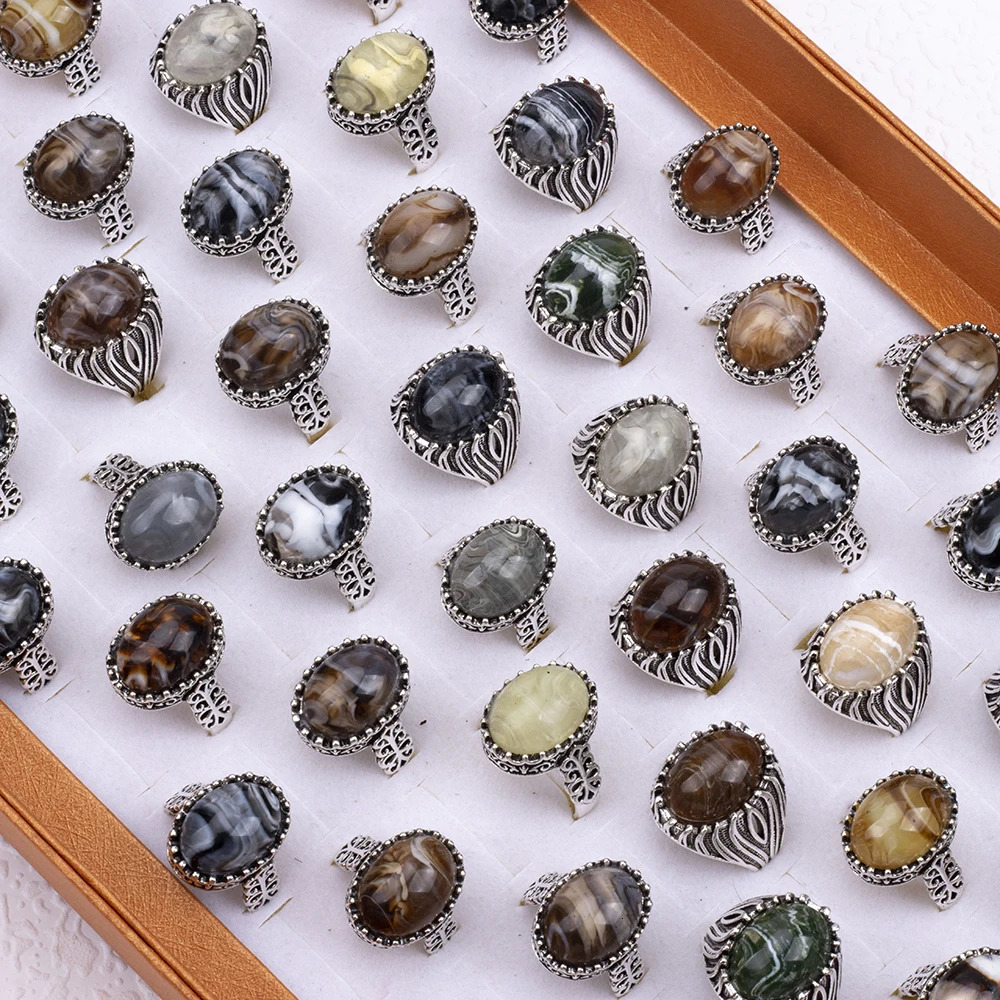 20Pcs/Lot Wholesale Mix Style Natural Stone Finger Rings Fashion Big Oval Agate Party Gifts 251219