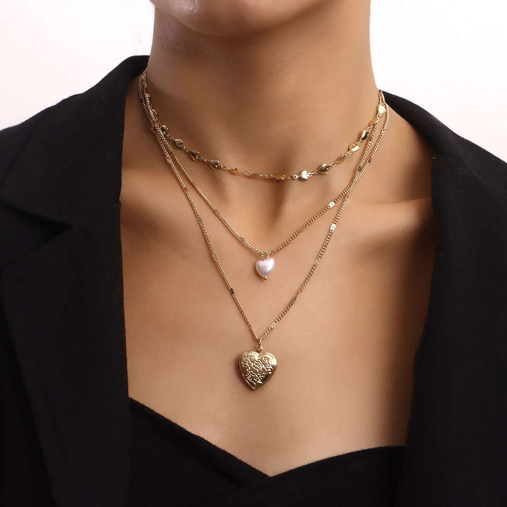Jewelry Elegant Multi-Layer Chain Pearl Openable Heart Pendant Necklace for Women Ins Style