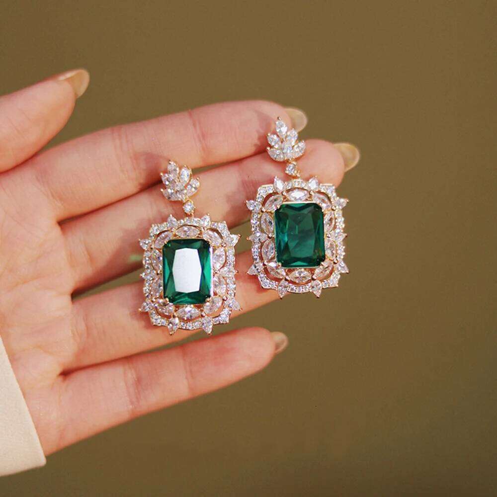 Huitan Geometric Green CZ Dangle Earrings Engagement Wedding Party Temperament Women's Ear Accessories Fancy Anniversary Gift