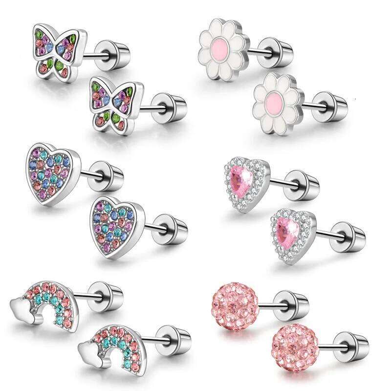 6 pairs of stainless steel screw stud earrings, such as hearts, flowers, butterflies, rainbows, set with shiny zircon earrings. 25H1226