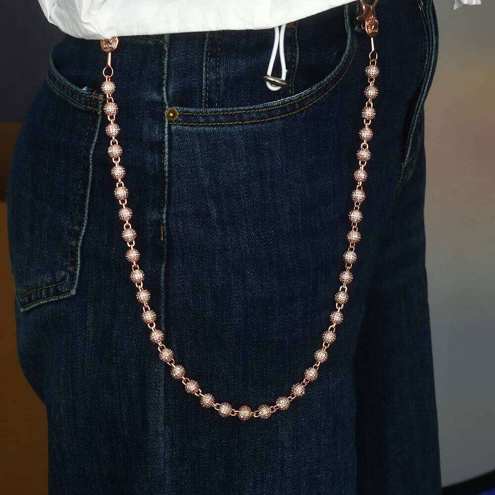 jewelry Rose Gold Plated Iced Out Pants Chain Women's Micro Pave CZ Round Bead Keychain Jewelry Hip Hop Fashion Gift