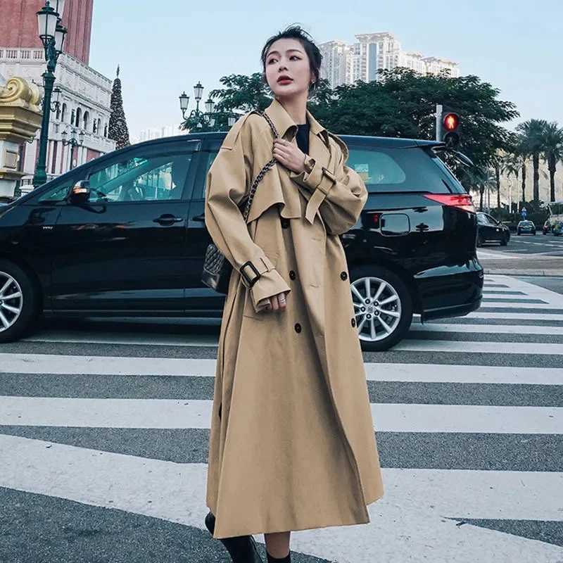 2025 Women British Style Windbreaker Streetwear Double Breasted Trench Coats Elegant Autumn Khaki Black JacketsT251226
