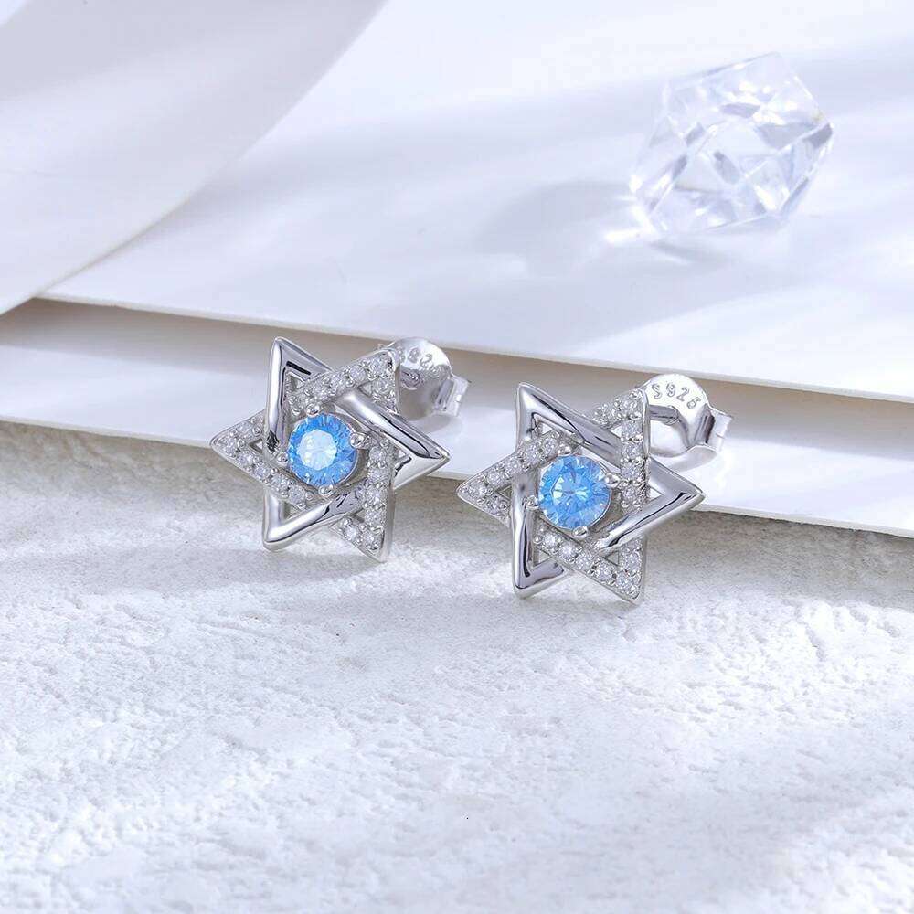 925 Sterling Silver Star Of David Stud Earrings With Blue Round Zircon Birthday Christmas Jewelry Gifts For Women Girls Friends 25H1226