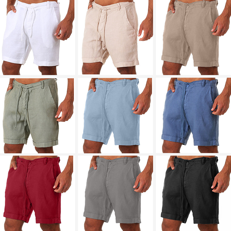 Casual Men Cotton Linen Loose Shorts Summer Male Drawstring Pocket Elastic Waist Wide Leg Half Pants