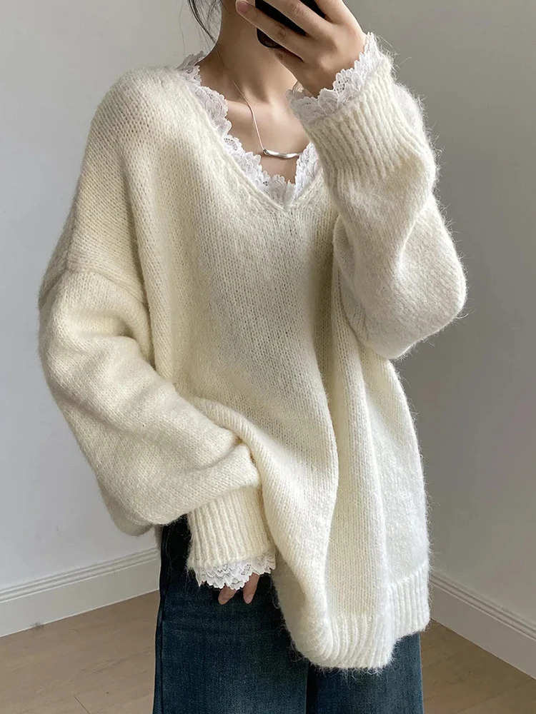 Aoaiiys Sweaters Women V Neck Lace Spliced Pullovers Vintage Chic Knitted Jumpers Autumn Winter Comfortable Loose Sweaters 251225